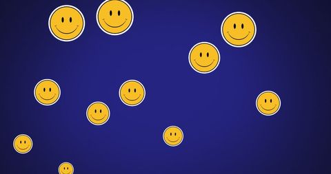 Floating smiley face emojis on blue background reflecting social media culture