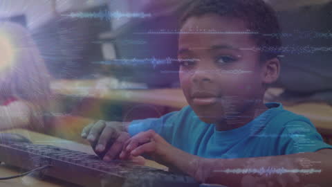 Innovative Boy Typing on Keyboard with Futuristic Digital Overlay