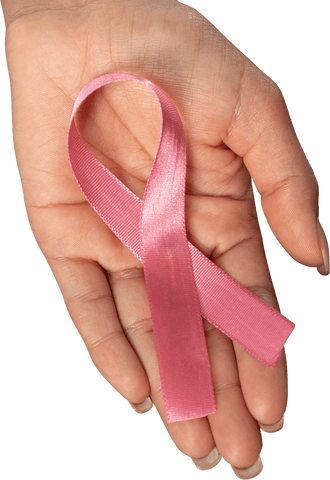 Hand holding transparent pink ribbon for breast cancer awareness
