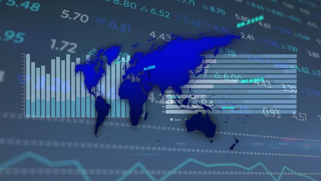 Visualization uses world map overlaid with financial data and bar charts, capturing essence of global business and finance networks. Useful for illustrating concepts in economic reports, financial news, stock market presentations, or data science topics highlighting worldwide financial trends and analytics.