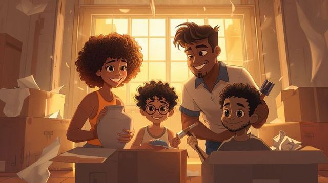 Sunlit Family Unpacking New Home Holding Ceramic Vase Smiling Together in Warm Living Room