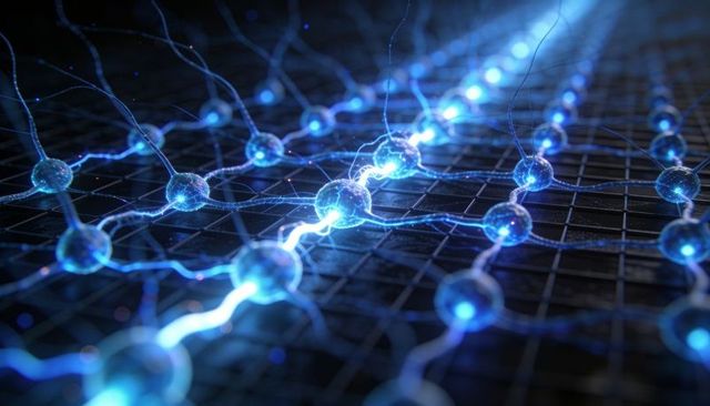 Pulsing neon neural network grid with glowing nodes, electric filaments and data flow