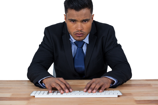 Transparent Businessman in Suit Typing on Keyboard Focused at Wooden Desk - Download Free Stock Videos Pikwizard.com