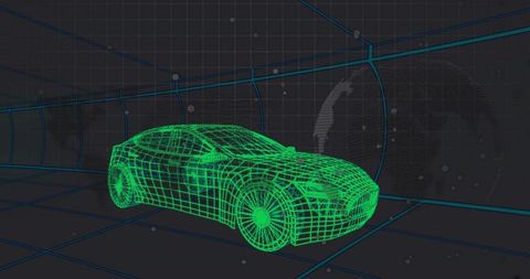 Futuristic Wireframe Car in Virtual Grid Tunnel