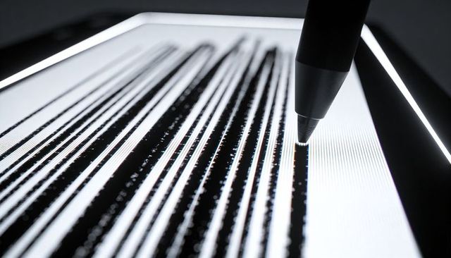 Stylus tracing high-contrast barcode pattern on backlit tablet screen, macro tech detail