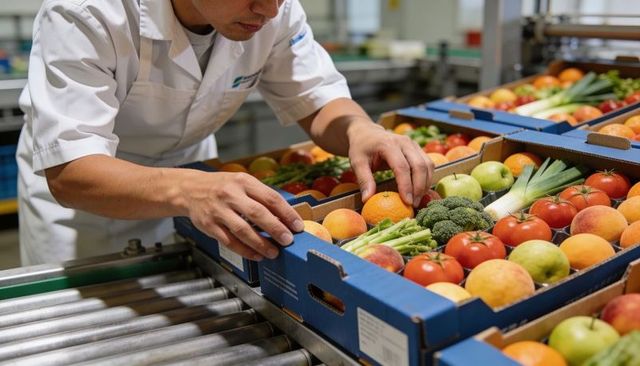 Packing worker arranging mixed fresh produce in blue trays on conveyor for distribution