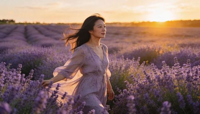 Walking asian woman in flowing lavender dress brushing blooms across sunlit lavender field