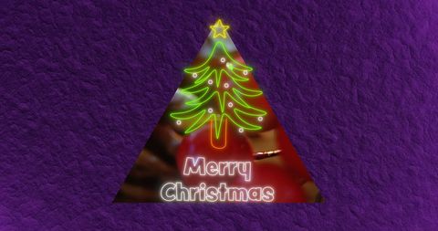 Festive Neon Merry Christmas Tree on Purple Background