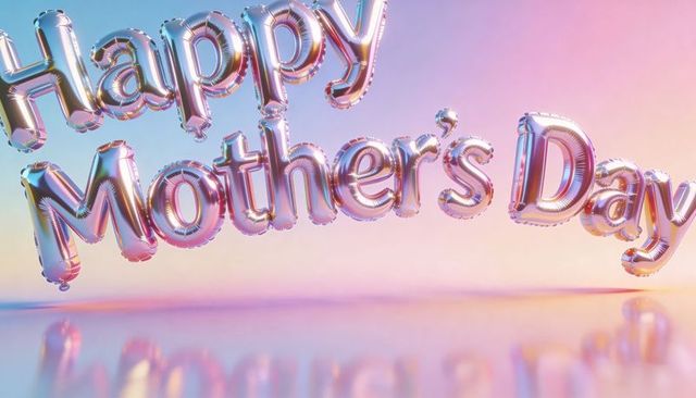 Floating rose gold foil happy mother's day balloon letters on pastel gradient mirror floor