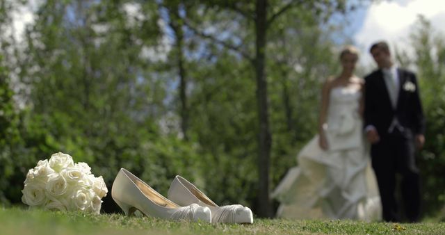 Wedding Scene with Bride and Groom in Background Focuses on Bridal Shoes - Download Free Stock Images Pikwizard.com