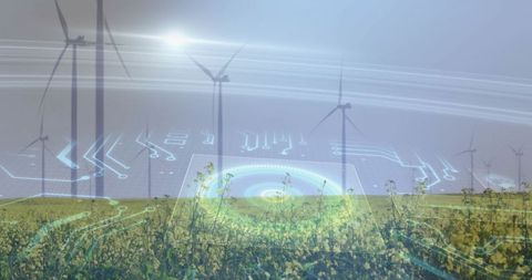 Wind Turbines Overlapping with Digital Circuitry Concept Illustration