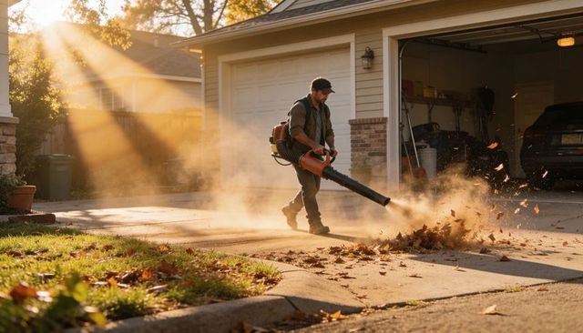 Man using backpack leaf blower clearing driveway at golden hour in suburban front yard