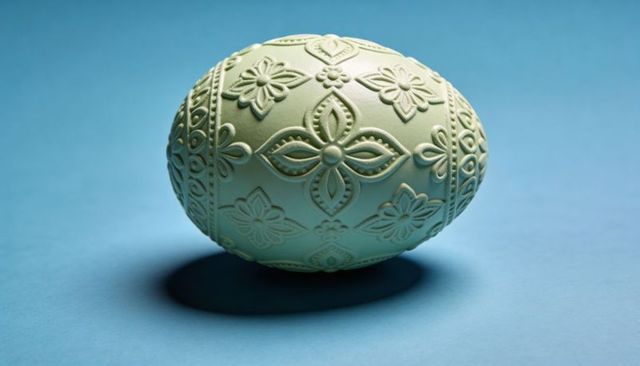 Pale green embossed ceramic egg featuring floral pattern and oval shadow on blue surface