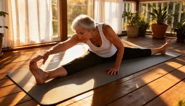 Senior woman stretching in sunlit yoga room practicing seated straddle reach
