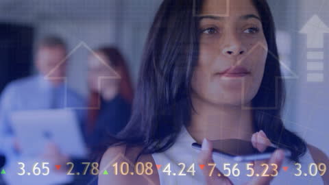 Businesswoman with Smartphone Analyzing Data Trends in Office