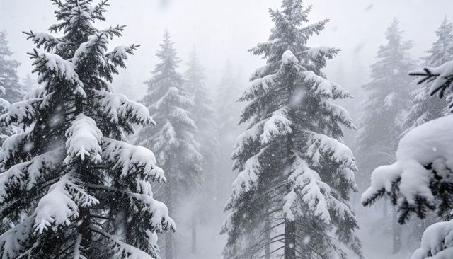 Snow-blanketed evergreen forest with heavy falling snow and misty alpine atmosphere