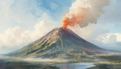 Erupting Volcano and Lake Amidst Wilderness