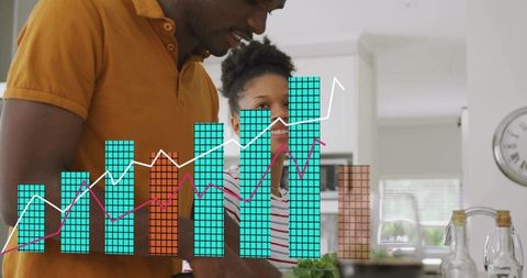Couple preparing meal with data overlay showing budgeting, nutrition trends