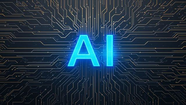 Glowing ai text on electronic circuit background