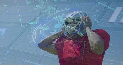 American Football Player Merging with Futuristic Digital Interface