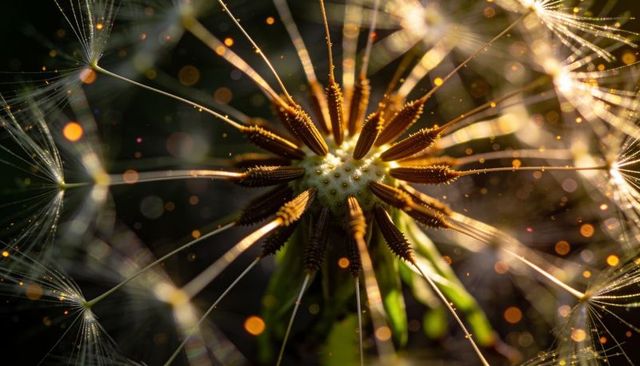Backlit dandelion seed head revealing golden achenes and radiant bokeh