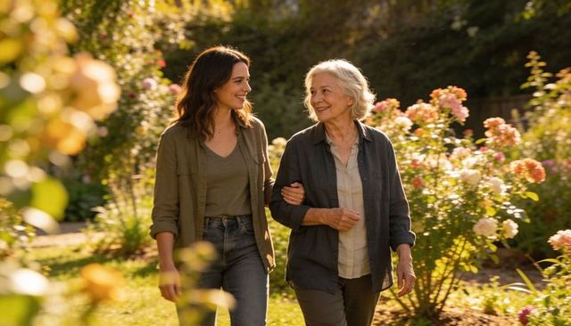 Mother and adult daughter walking arm in arm through sunlit rose garden, sharing smile