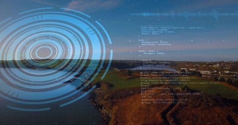 Coastal hud receiving signal, scanning rocky peninsula, projecting futuristic ar rings
