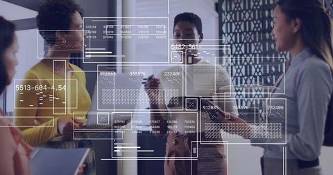Diverse Women Collaborating with Futuristic Data Overlays in Modern Office Team Meeting