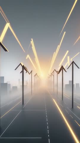 Moving Neon Corridor With Arrow Signposts Guiding Toward Futuristic Sunlit Horizon