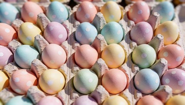 Pastel Polka-Dot Easter Eggs in Cardboard Trays Spring Pastel Patterned Holiday Background