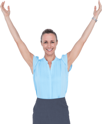 Joyful Caucasian Woman Raising Hands Minimal Background