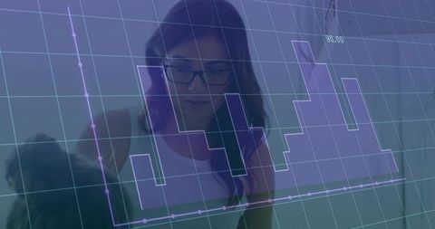 Woman Analyzing Data with Chart Overlay in Office Setting