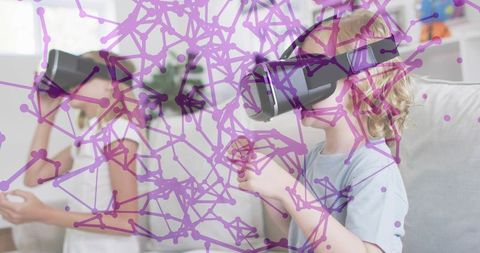 Young children playing with vr headsets and controllers at home, purple neural network overlay