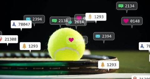 Tennis Ball on Racket Surrounded by Social Media Icons