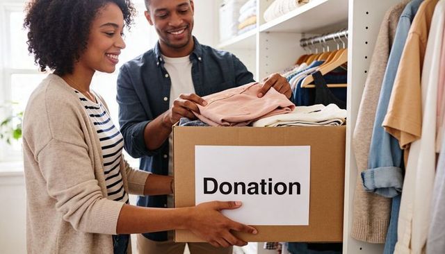 Young black couple packing clothes for donation in bright home walk-in closet
