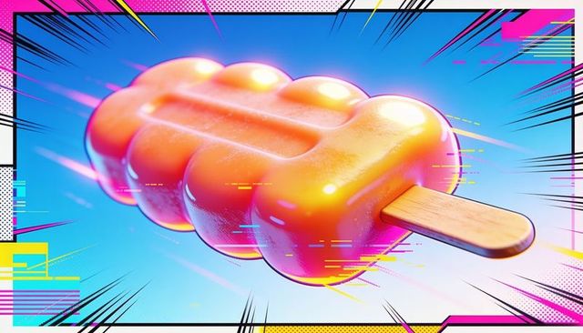 Floating glossy orange popsicle with wooden stick over pop art speed lines