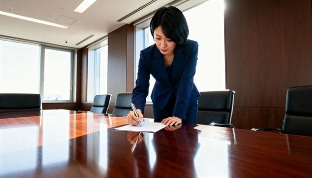 Executive woman signing contract in modern boardroom, leaning over polished conference table