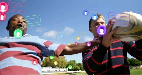 Rugby Players Competing for Ball with Floating Chat Icons