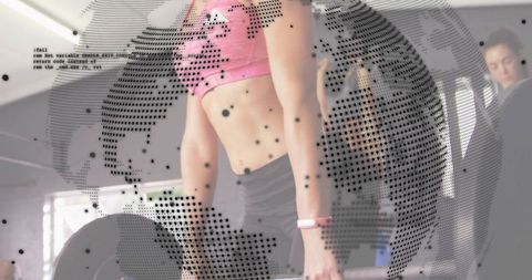 Woman performing deadlift in pink sports bra with dotted globe overlay for fitness tech