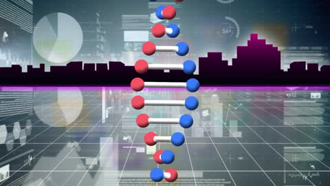 DNA Strand and Digital Data with Futuristic City Skyline