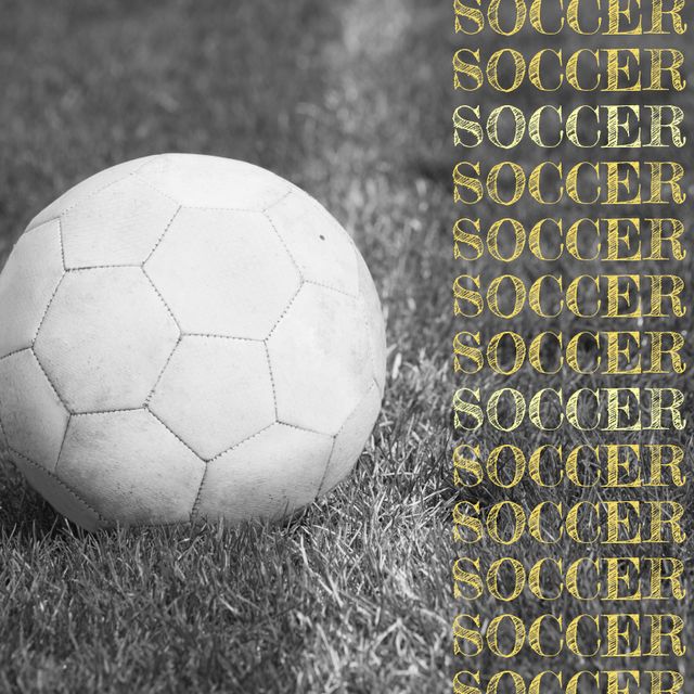 Soccer ball on grassy field with repeated 'Soccer' text, perfect for sports promotions, athletic event advertising, recreational sports clubs, or educational material. Adds a vintage, dynamic touch to any soccer-related content.