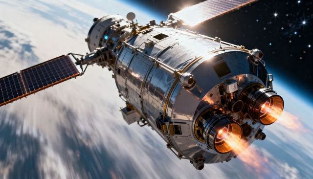 Orbiting Cylindrical Spacecraft Firing Twin Thrusters Over Earth's Limb With Solar Panels