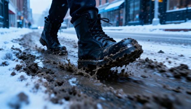 Black leather combat boots splashing slushy snow puddle on urban winter street