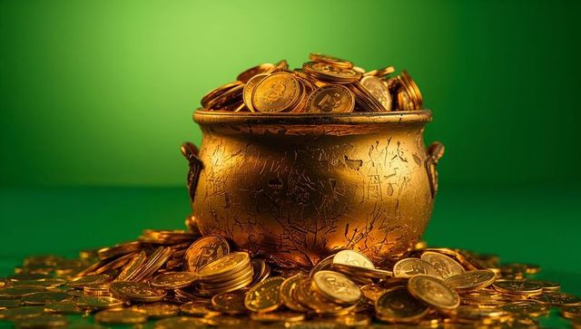 Spilling gold bitcoin coins from worn antique cauldron gleaming on glossy green surface