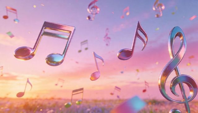 Iridescent musical notes and treble clef floating over pastel meadow at sunrise