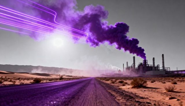 Neon purple smoke emitting from desert refinery along long empty highway