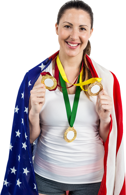 Smiling Female Athlete Displaying Gold Medals Wrapped in American Flag Transparent - Download Free Stock Videos Pikwizard.com