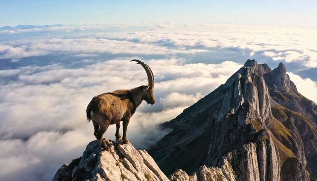 Standing alpine ibex balancing on narrow rocky ridge above sea of clouds at sunrise