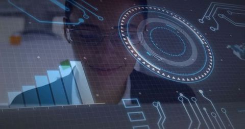 Businesswoman analyzing holographic data dashboard with rising bar chart and futuristic hud