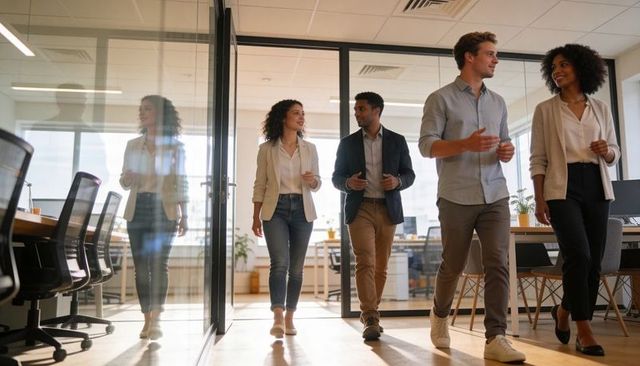 Open-plan team walking and collaborating in modern office corridor with glass reflections